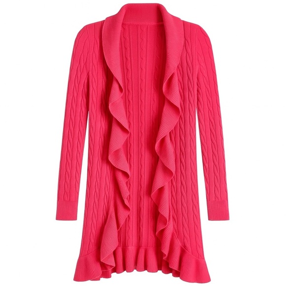 Lilly Pulitzer Cashmere Ruffle Cable Knit Open Front Cardigan Sweater Pink XS - Picture 1 of 8